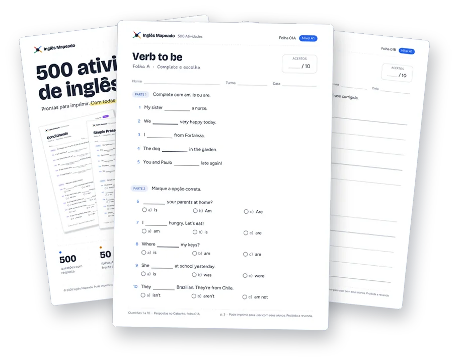 Folhas das 500 atividades: capa e a Folha 01A, Verb to be