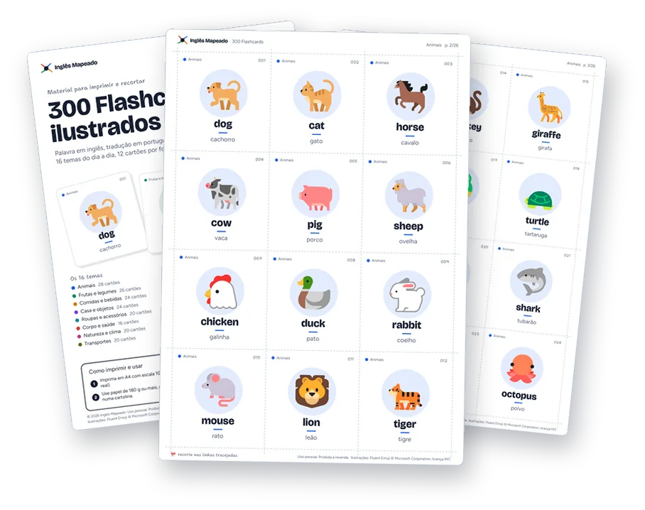 Folhas dos 300 flashcards ilustrados com animais em inglês e português