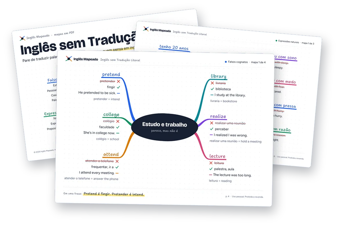 Páginas do Inglês sem Tradução Literal: mapa de falsos cognatos e mapa Nem have, nem with