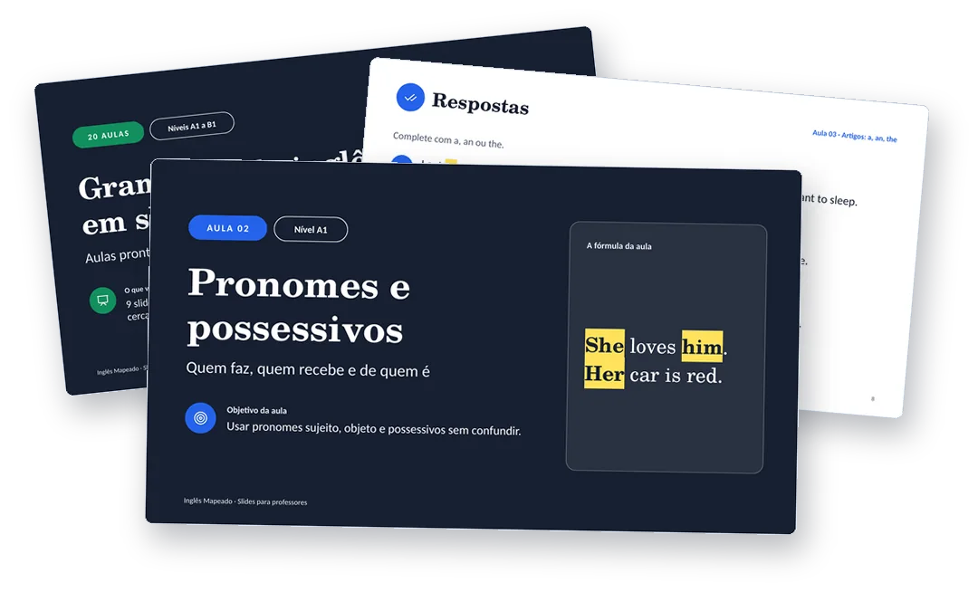 Slides da aula Pronomes e possessivos, com a capa do curso e um slide de respostas